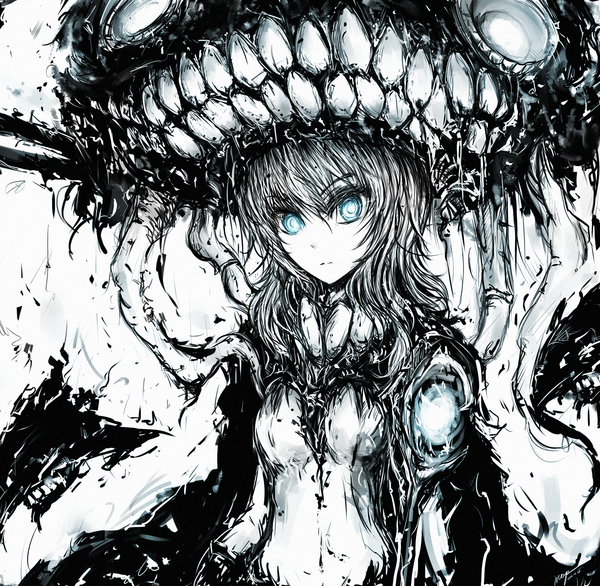 Anime picture 2100x2052 with kantai collection wo-class aircraft carrier merpperoni single long hair looking at viewer fringe highres blue eyes teeth monochrome sketch shinkaisei-kan partially colored girl bodysuit monster tentacles