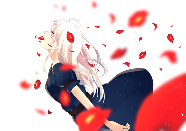 Anime picture 4299x3035 with original iwai minato single long hair fringe highres holding looking away absurdres ahoge white hair head tilt profile wind short sleeves puffy sleeves mouth hold flower in mouth girl dress
