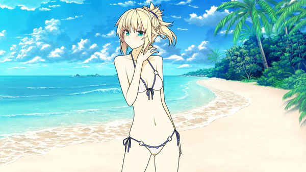 Anime picture 2000x1125 with fate (series) fate/stay night guardian place skyfish (studio) shugo19 single long hair highres light erotic blonde hair wide image green eyes game cg sky cloud (clouds) ponytail beach horizon pale skin landscape