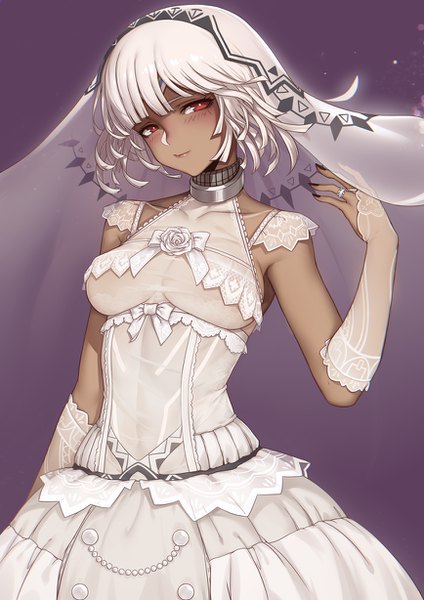 Anime picture 868x1228 with fate (series) fate/grand order altera (fate) evan yang single tall image looking at viewer fringe short hair light erotic simple background red eyes standing white hair head tilt no bra alternate costume dark skin purple background girl