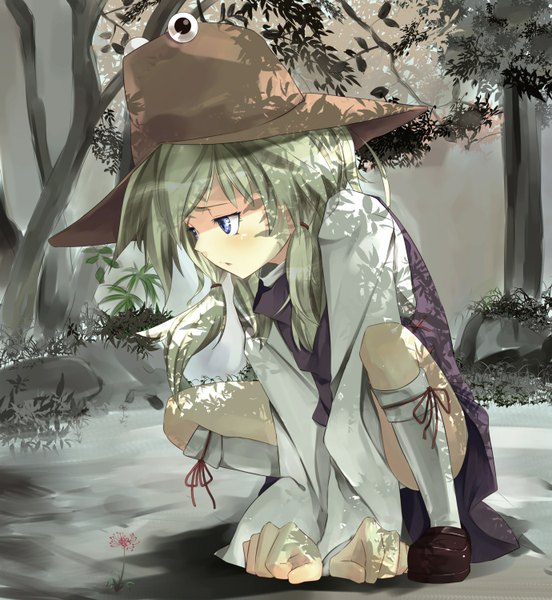 Anime picture 1380x1500 with touhou moriya suwako gorilla (bun0615) single long hair tall image blue eyes blonde hair looking away pantyshot sitting girl dress flower (flowers) plant (plants) hat tree (trees) socks white socks