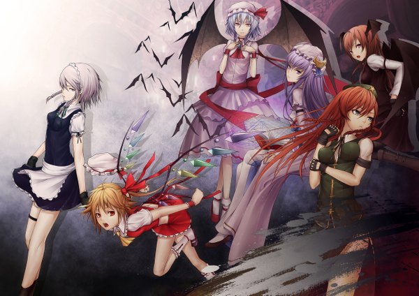 Anime picture 2480x1753 with touhou flandre scarlet remilia scarlet izayoi sakuya patchouli knowledge hong meiling koakuma kyoeiki long hair highres short hair open mouth red eyes brown hair multiple girls blue hair purple hair white hair red hair maid