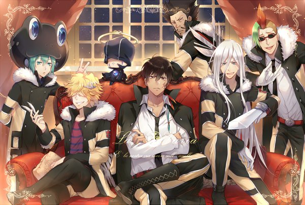 Anime picture 2062x1391 with katekyou hitman reborn superbi squalo xanxus belphegor (khr) fran (khr) lussuria leviathan (khr) mammon (khr) ekita xuan long hair looking at viewer fringe highres short hair black hair blonde hair hair between eyes sitting silver hair multicolored hair