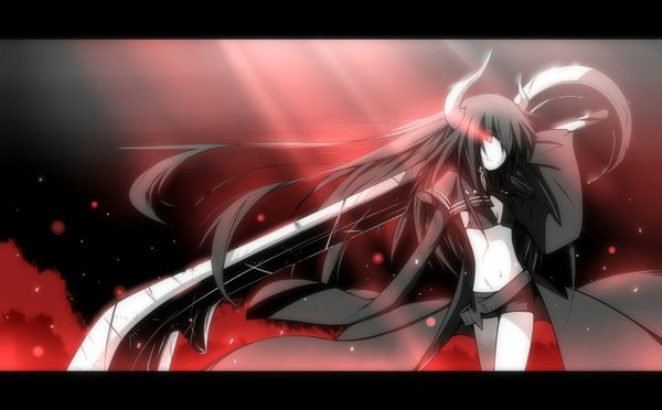 Anime picture 1600x992 with black rock shooter black gold saw tan (carbon) single long hair looking at viewer black hair red eyes wide image cleavage horn (horns) open clothes open jacket midriff glowing light letterboxed smoke demon girl glowing eye (eyes)