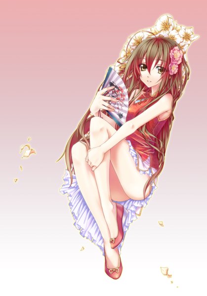 Anime picture 1397x2000 with axis powers hetalia studio deen taiwan (hetalia) single long hair tall image brown hair yellow eyes hair flower legs chinese clothes girl hair ornament flower (flowers) fan chinese dress