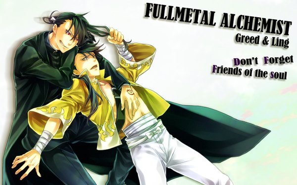 Anime picture 1440x900 with fullmetal alchemist fullmetal alchemist brotherhood studio bones greed ling yao anika kyuu long hair open mouth black hair simple background red eyes wide image white background yellow eyes tail traditional clothes green hair inscription tattoo dual persona