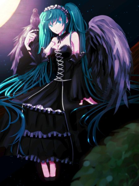 Anime picture 1124x1500 with vocaloid hatsune miku single tall image open mouth twintails bare shoulders cleavage very long hair aqua eyes aqua hair black wings girl dress animal wings headdress black dress bird (birds)