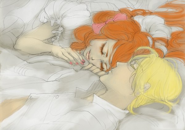 Anime picture 1000x702 with sugar sugar rune studio pierrot chocolat meilleure pierre tempete du neige yume darling (artist) long hair short hair blonde hair twintails lying eyes closed nail polish profile orange hair open clothes open shirt couple open collar sleeping face to face