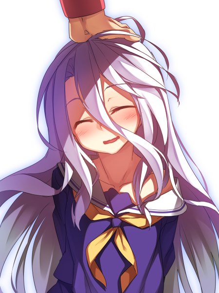 Anime picture 900x1200 with no game no life madhouse shiro (no game no life) racer (magnet) single long hair tall image blush simple background hair between eyes white background purple hair eyes closed happy hand on head girl uniform serafuku