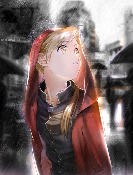 Anime picture 756x993 with fullmetal alchemist studio bones alphonse elric holy pumpkin single long hair tall image blonde hair signed yellow eyes looking away upper body parted lips depth of field twitter username turning head low ponytail boy hood cloak