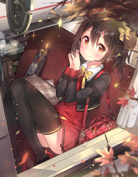 Anime picture 1012x1300 with love live! school idol project sunrise (studio) love live! yazawa nico yuran (cozyquilt) single long hair tall image looking at viewer blush black hair smile red eyes sitting twintails hands clasped autumn girl thighhighs dress