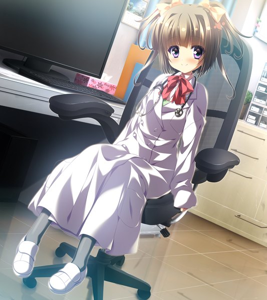 Anime picture 1280x1440 with 12 no tsuki no eve single tall image looking at viewer blush short hair smile brown hair sitting purple eyes game cg loli girl bow hair bow shoes monitor labcoat stethoscope