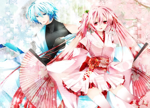 Anime picture 1856x1342 with vocaloid hatsune miku sakura miku hatsune mikuo akatsuki yakyou long hair highres short hair blue eyes red eyes blue hair pink hair traditional clothes japanese clothes girl flower (flowers) food obi fan berry (berries)