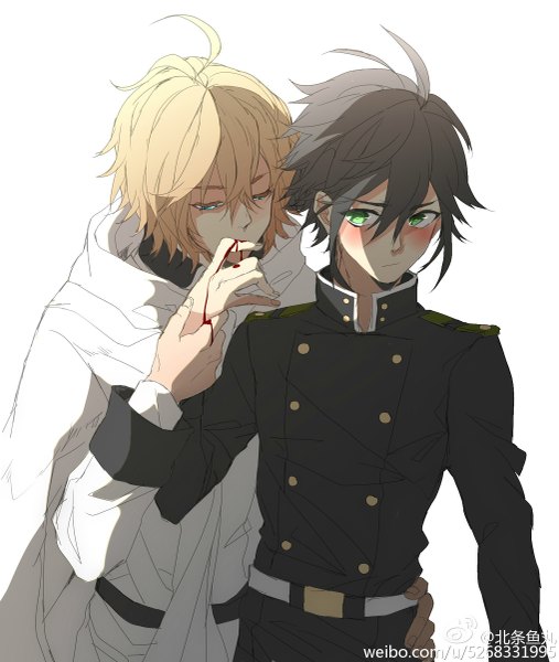 Anime picture 1015x1200 with owari no seraph wit studio hyakuya yuuichirou hyakuya mikaela cadsu xsq1623439305 tall image blush fringe short hair black hair simple background blonde hair hair between eyes white background green eyes signed ahoge aqua eyes multiple boys