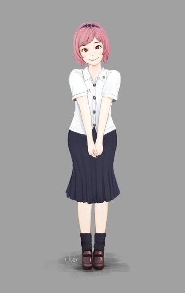 Anime picture 1299x2048 with original lika (jubi) jubi (regiana) single tall image looking at viewer short hair simple background smile red eyes standing signed pink hair full body pleated skirt grey background bare legs short sleeves character names hands clasped