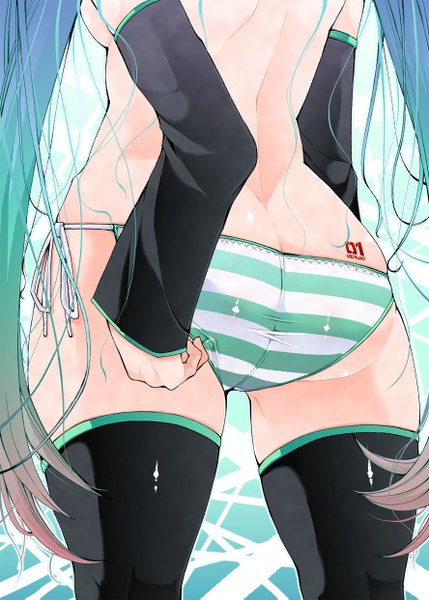 Anime picture 888x1243 with vocaloid hatsune miku red-rum (artist) single long hair tall image breasts light erotic ass multicolored hair from behind aqua hair shiny skin back skindentation gradient hair striped shiny shiny clothes pov ass