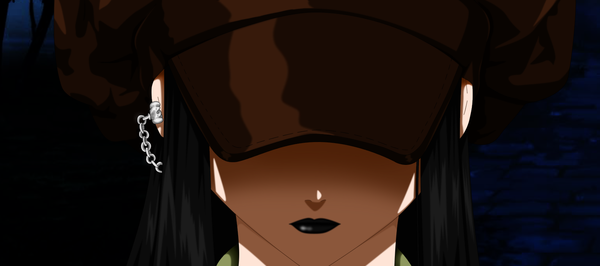Anime picture 1600x710 with veritas yuhva flowerinhell single long hair black hair wide image lips night close-up face girl plant (plants) tree (trees) headdress chain flat cap