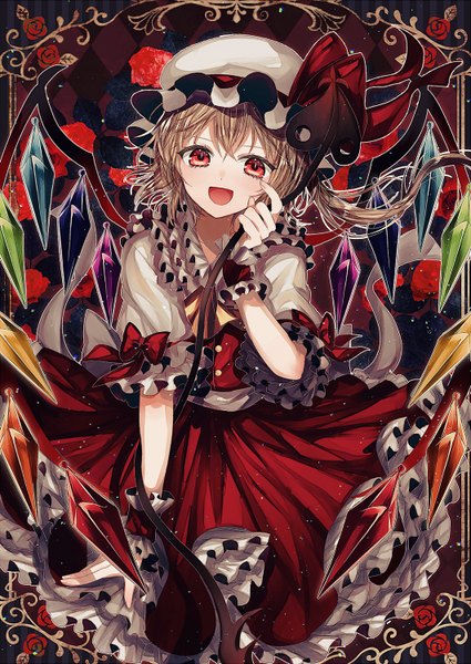 Anime picture 1062x1500 with touhou flandre scarlet abandon ranka single tall image looking at viewer blush fringe short hair open mouth blonde hair red eyes :d one side up rhombus girl bow weapon wings frills