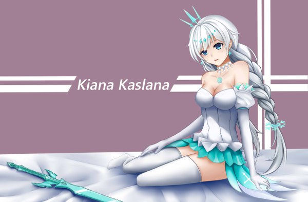 Anime picture 2400x1575 with benghuai xueyuan honkai (series) kiana kaslana qi ye luo ying single long hair looking at viewer blush highres open mouth blue eyes simple background sitting full body bent knee (knees) white hair braid (braids) character names hand on hip twin braids