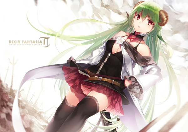 Anime picture 865x610 with original pixiv fantasia pixiv fantasia t shiyun single long hair fringe breasts red eyes standing bare shoulders long sleeves horn (horns) green hair wide sleeves hand in pocket girl thighhighs skirt black thighhighs