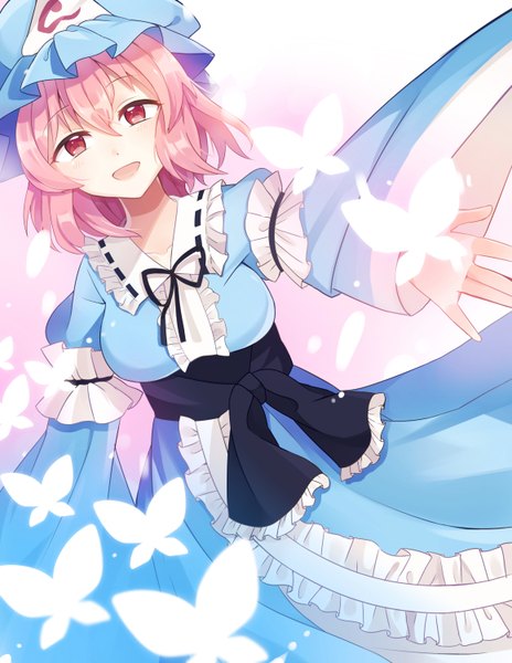 Anime picture 2320x3000 with touhou saigyouji yuyuko hiki wari single long hair tall image looking at viewer blush fringe highres open mouth smile pink hair :d pink eyes wide sleeves gradient background outstretched hand girl dress