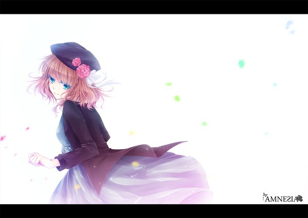 Anime picture 1503x1063 with amnesia idea factory heroine (amnesia) mokoppe single short hair blue eyes brown hair white background looking back letterboxed girl dress flower (flowers) petals beret