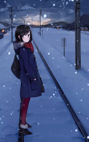 Anime picture 1970x3115 with original takeuchi aya single tall image looking at viewer blush highres short hair black hair black eyes snowing winter snow exhalation hands in pockets waiting girl scarf bag coat