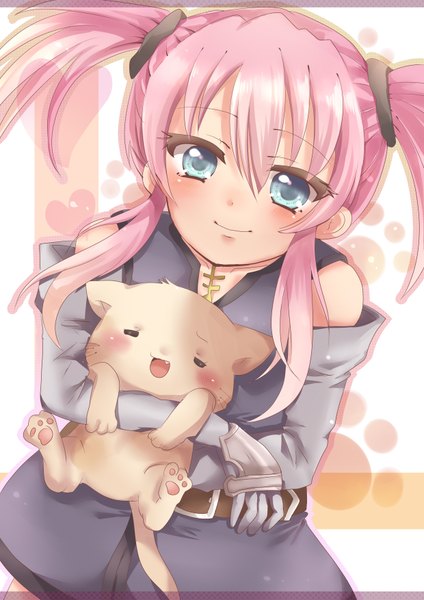 Anime picture 2480x3507 with tales of (series) tales of symphonia presea combatir sakura oriko single long hair tall image blush highres blue eyes smile twintails pink hair girl gloves elbow gloves cat