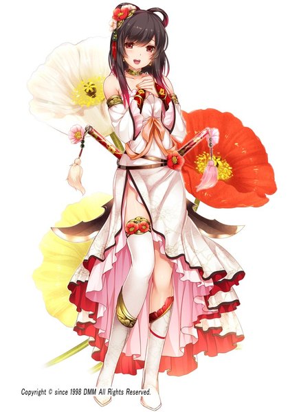 Anime picture 698x1000 with flower knight girl poppy (flower knight girl) moneti (daifuku) single long hair tall image looking at viewer open mouth black hair red eyes floral background girl thighhighs dress hair ornament flower (flowers) weapon white thighhighs sword boots