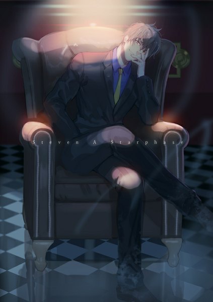 Anime picture 615x873 with kekkai sensen studio bones steven a. starphase lloule mingou91 single tall image looking at viewer short hair black hair smile sitting character names crossed legs light dark background hand in pocket checkered floor floor hand on face