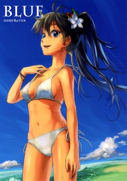 Anime picture 1404x2000 with idolmaster ganaha hibiki andou shuuki single long hair tall image open mouth blue eyes light erotic black hair sky cloud (clouds) ponytail scan girl navel hair ornament swimsuit earrings bikini