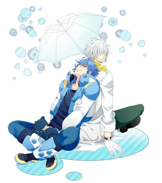 Anime picture 1063x1204 with dramatical murder nitro+chiral aoba (dmmd) clear (dmmd) ren (dmmd) keizuki suuri long hair tall image simple background white background sitting yellow eyes blue hair white hair looking back multiple boys back to back indian style hair over eyes transparent umbrella