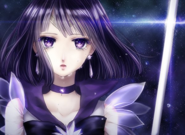 Anime picture 1371x1000 with bishoujo senshi sailor moon toei animation tomoe hotaru sailor saturn shino (syllable) single looking at viewer short hair open mouth black hair purple eyes tears space girl earrings choker star (stars)