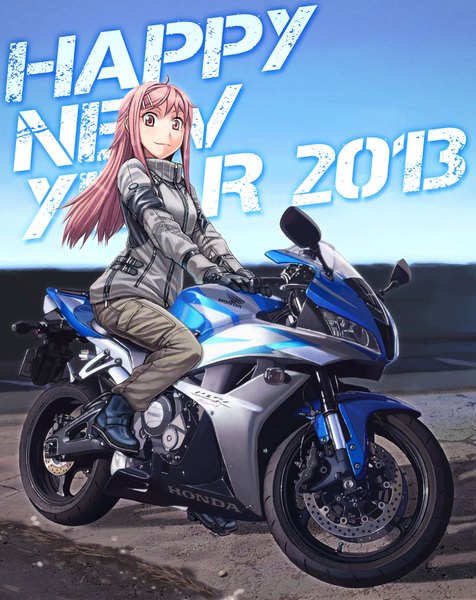 Anime picture 1429x1800 with original itou (onsoku tassha) single long hair tall image blush smile brown hair brown eyes sky girl gloves uniform hair ornament jacket boots hairclip motorcycle