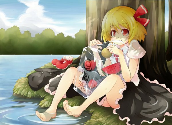 Anime picture 1100x800 with touhou rumia rakugaki (pixiv) single short hair blonde hair red eyes sitting sky barefoot sweat mouth hold eating nature upskirt lake girl dress ribbon (ribbons) plant (plants)