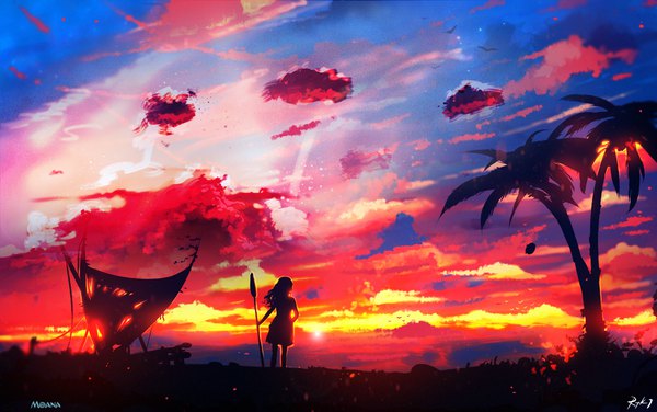Anime picture 1290x810 with moana disney moana waialiki ryky single long hair holding signed sky cloud (clouds) wind hand on hip lens flare evening sunset silhouette red sky girl weapon plant (plants)