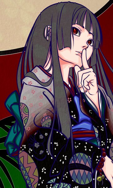 Anime picture 1200x2000 with hell girl studio deen enma ai honzawa yuuichirou single long hair tall image black hair red eyes nail polish traditional clothes japanese clothes floral print finger to mouth girl bracelet kimono bell jewelry beads
