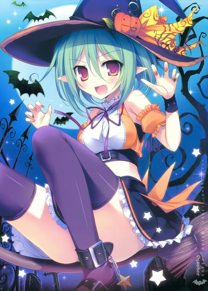 Anime picture 5002x7000 with original karory single tall image looking at viewer blush highres short hair open mouth red eyes absurdres green hair scan night official art teeth fang (fangs) halloween witch calendar 2014