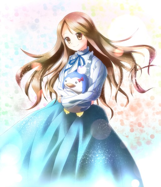 Anime picture 2141x2480 with mawaru penguindrum takakura himari penguin 3-gou asahi (ge nyu) long hair tall image highres smile brown hair brown eyes hug girl skirt bow ribbon (ribbons) animal bird (birds) penguin