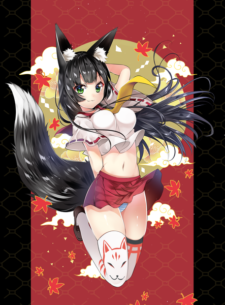 Anime picture 1500x2029 with original usagihime single long hair tall image looking at viewer blush fringe light erotic black hair green eyes animal ears cloud (clouds) bent knee (knees) tail animal tail pleated skirt arm up light smile wind