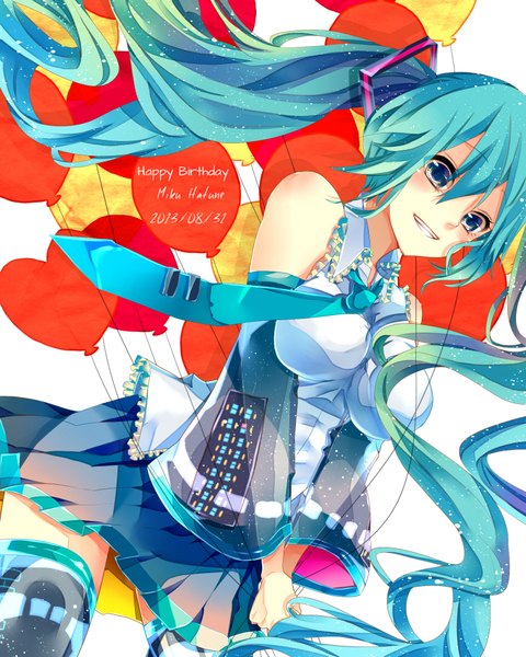 Anime picture 1600x2000 with vocaloid hatsune miku togashi (choco-bakama kitchen) single long hair tall image simple background smile white background twintails bare shoulders pleated skirt aqua eyes aqua hair inscription happy birthday girl thighhighs skirt detached sleeves