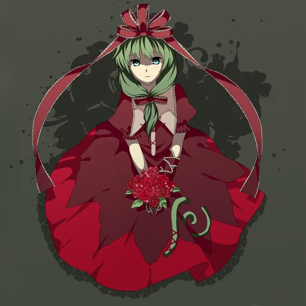 Anime picture 1370x1370 with touhou kagiyama hina garigarigari single smile aqua eyes green hair girl dress bow rose (roses)