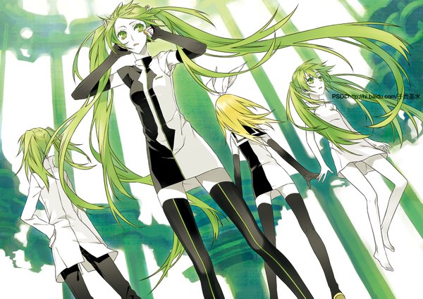 Anime picture 1800x1275 with vocaloid meltdown (vocaloid) hatsune miku kagamine rin psd (pixiv) long hair highres short hair blonde hair twintails multiple girls green eyes barefoot green hair from behind hand on hip girl dress gloves bow