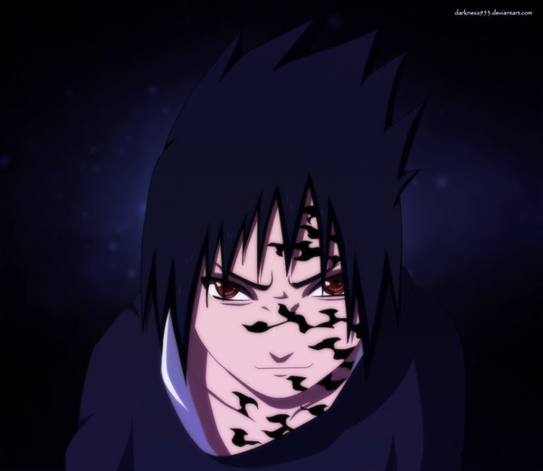 Anime picture 1000x869 with naruto studio pierrot naruto (series) uchiha sasuke darknes953 single short hair black hair smile red eyes tattoo coloring black background portrait sharingan boy