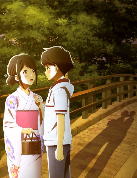 Anime picture 3153x4080 with tsuki ga kirei feel (studio) mizuno akane azumi kotarou tall image blush highres short hair open mouth black hair smile brown eyes absurdres traditional clothes japanese clothes official art shadow hair bun (hair buns) couple floral print