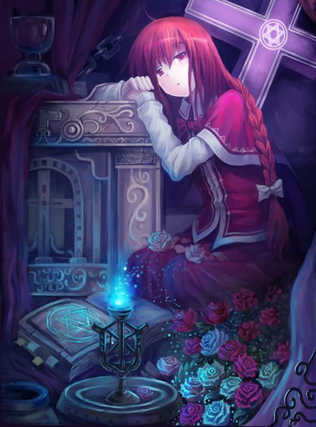 Anime picture 2539x3425 with touhou okazaki yumemi yinzhai long hair tall image looking at viewer highres open mouth red eyes red hair braid (braids) long sleeves sleepy girl rose (roses) book (books) chain flame
