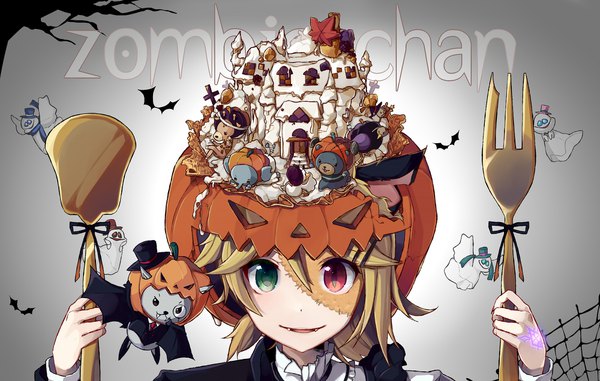 Anime picture 2000x1272 with vocaloid kagamine rin kagamine len nou looking at viewer highres blonde hair smile red eyes holding green eyes animal ears parted lips fang (fangs) heterochromia portrait halloween slit pupils ghost girl