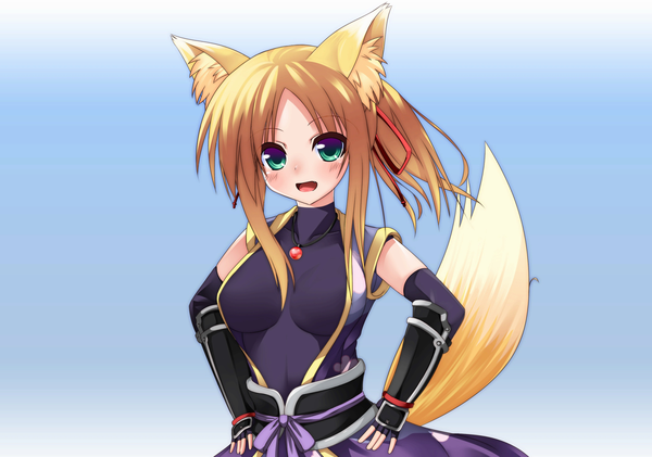 Anime picture 1820x1280 with dog days yukikaze panettone tagme (artist) single blush highres short hair breasts open mouth light erotic simple background blonde hair green eyes animal ears animal tail fox ears fox tail fox girl hands on hips girl
