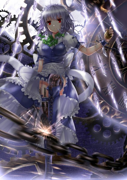 Anime picture 1013x1433 with touhou izayoi sakuya swordsouls single tall image short hair red eyes white hair braid (braids) maid girl thighhighs weapon black thighhighs boots clock dagger gears