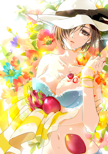 Anime picture 744x1052 with vocaloid meiko caracoro single tall image fringe short hair breasts light erotic brown hair large breasts holding brown eyes nail polish fingernails hair over one eye midriff alternate costume girl navel